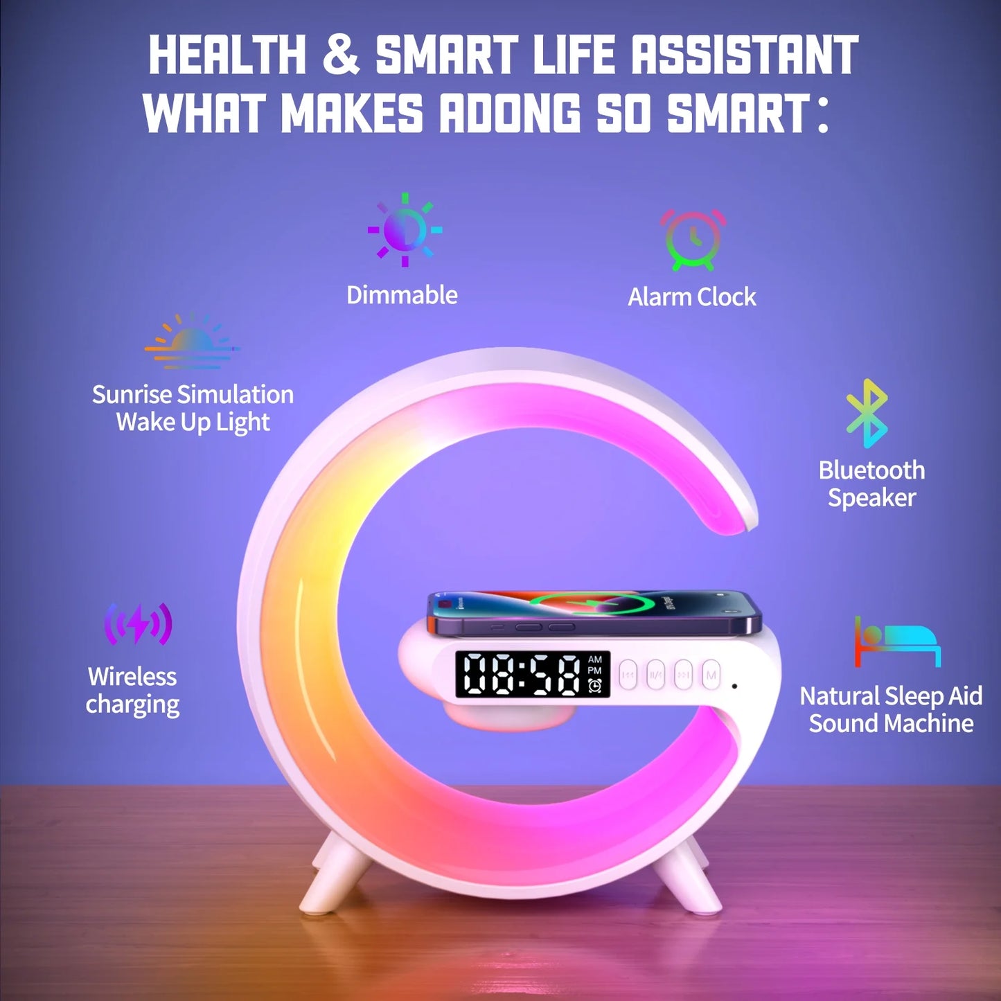 Sunrise Alarm Clock with Wireless Charging & Bluetooth Speaker – Adjustable Brightness Night Light for Bedside, Dorm, Office, Kids & Adults (Black)