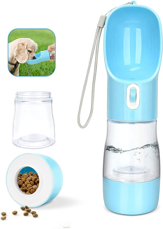 Portable Dog Water Bottle for Walking – Leak-Proof, Lightweight Pet Water Bottle with Food Container, BPA Free, Perfect for Hiking (Blue)