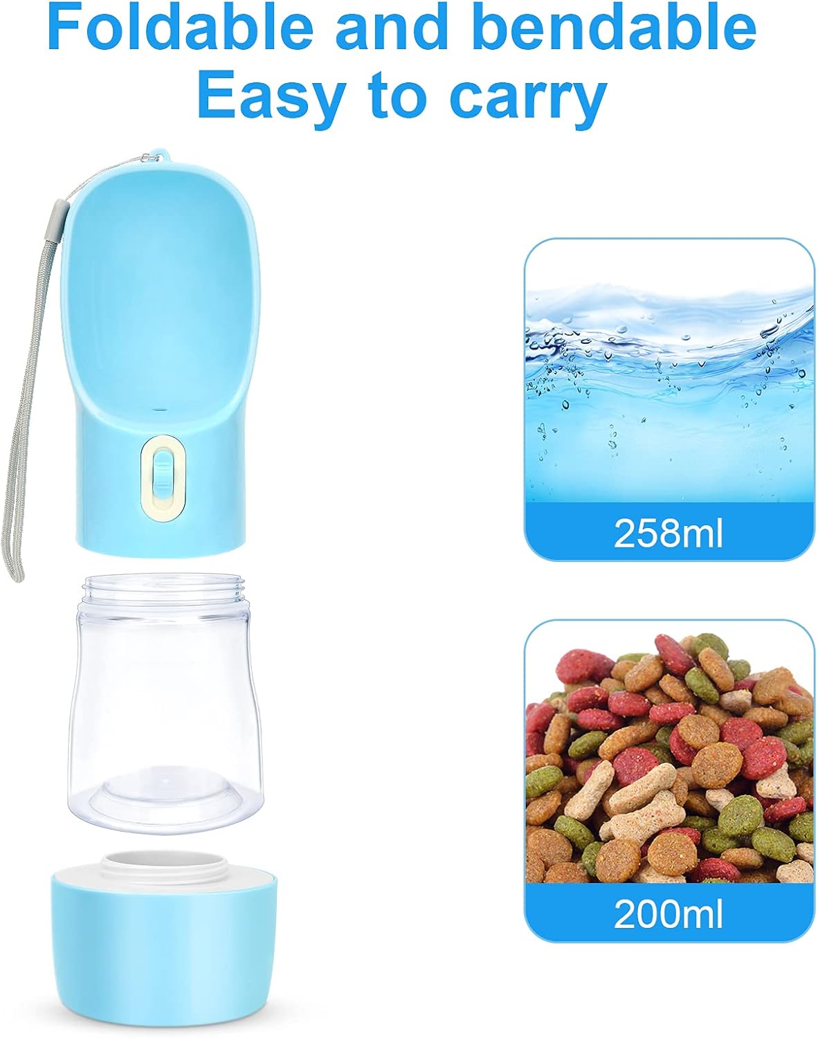 Portable Dog Water Bottle for Walking – Leak-Proof, Lightweight Pet Water Bottle with Food Container, BPA Free, Perfect for Hiking (Blue)