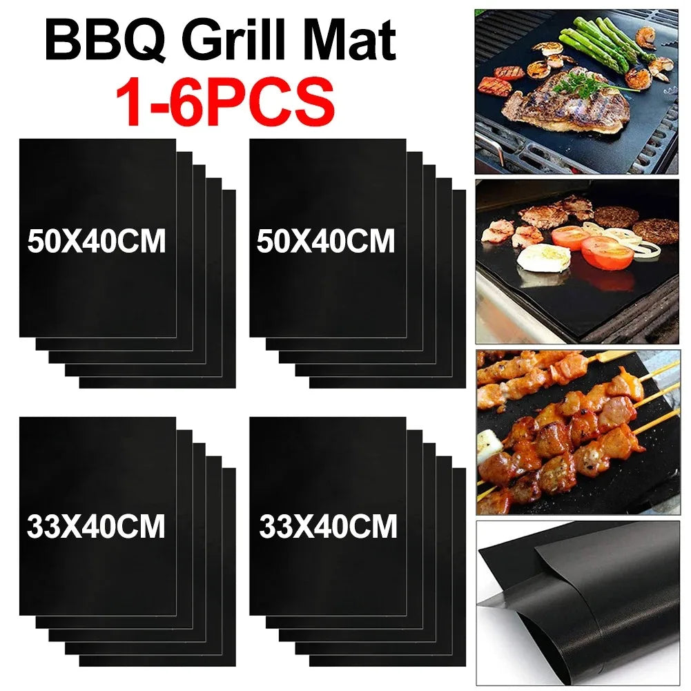 1-6 PCS Non-Stick BBQ Grill Mats – Reusable Barbecue Baking Sheets for Outdoor Cooking & Grilling