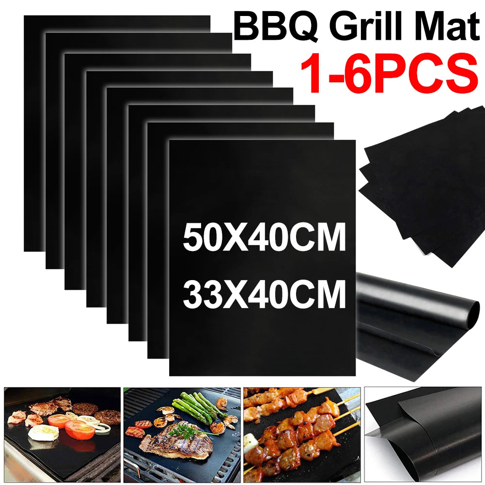 1-6 PCS Non-Stick BBQ Grill Mats – Reusable Barbecue Baking Sheets for Outdoor Cooking & Grilling